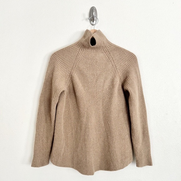 THEORY 100% Cashmere Moving Rib Turtleneck Sweater in Soft Camel Beige - Picture 8 of 13